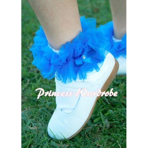 Plain Style Pure White Socks with Royal Blue Ruffles and Bow H184 